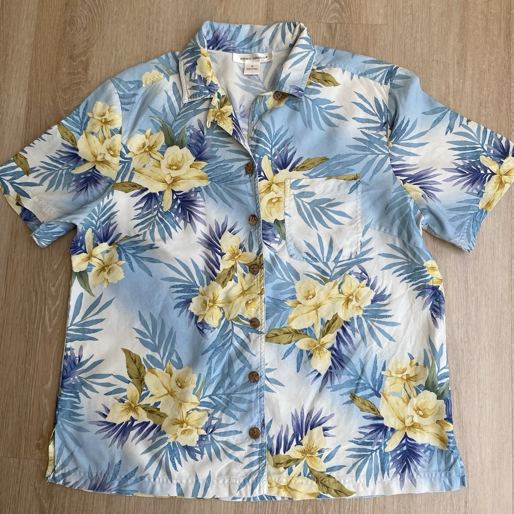 Vintage Kriss Kross 100% Silk Women's SZ 12 Hawaiian Shirt Tropical Button Up